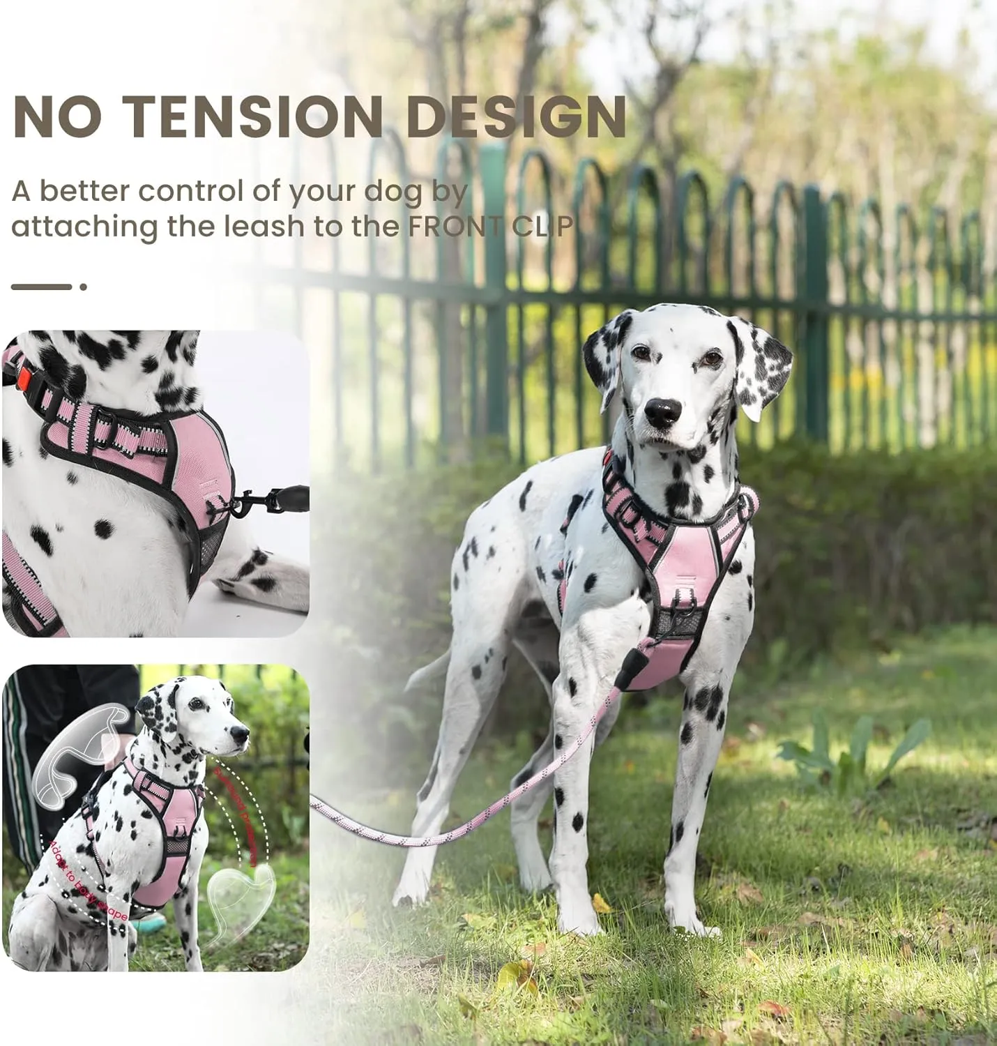 FURRYFECTION Dog Harness | No Pull Dog Harness | Reflective Oxford | Padded Handle | 4 Adjustable Straps | 2 Leash Clips | No Choke Pet Vest Harness for Small Medium Large Dogs | Pink | M