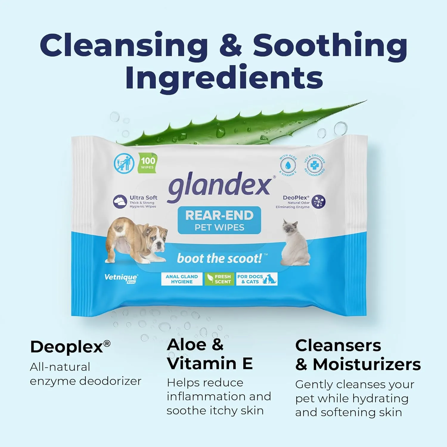 Glandex Dog Wipes for Pets Cleansing & Deodorizing Anal Gland Hygienic Dog & Cat Wipes with Vitamin E, Skin Conditioners and Aloe (100Ct Pouch)