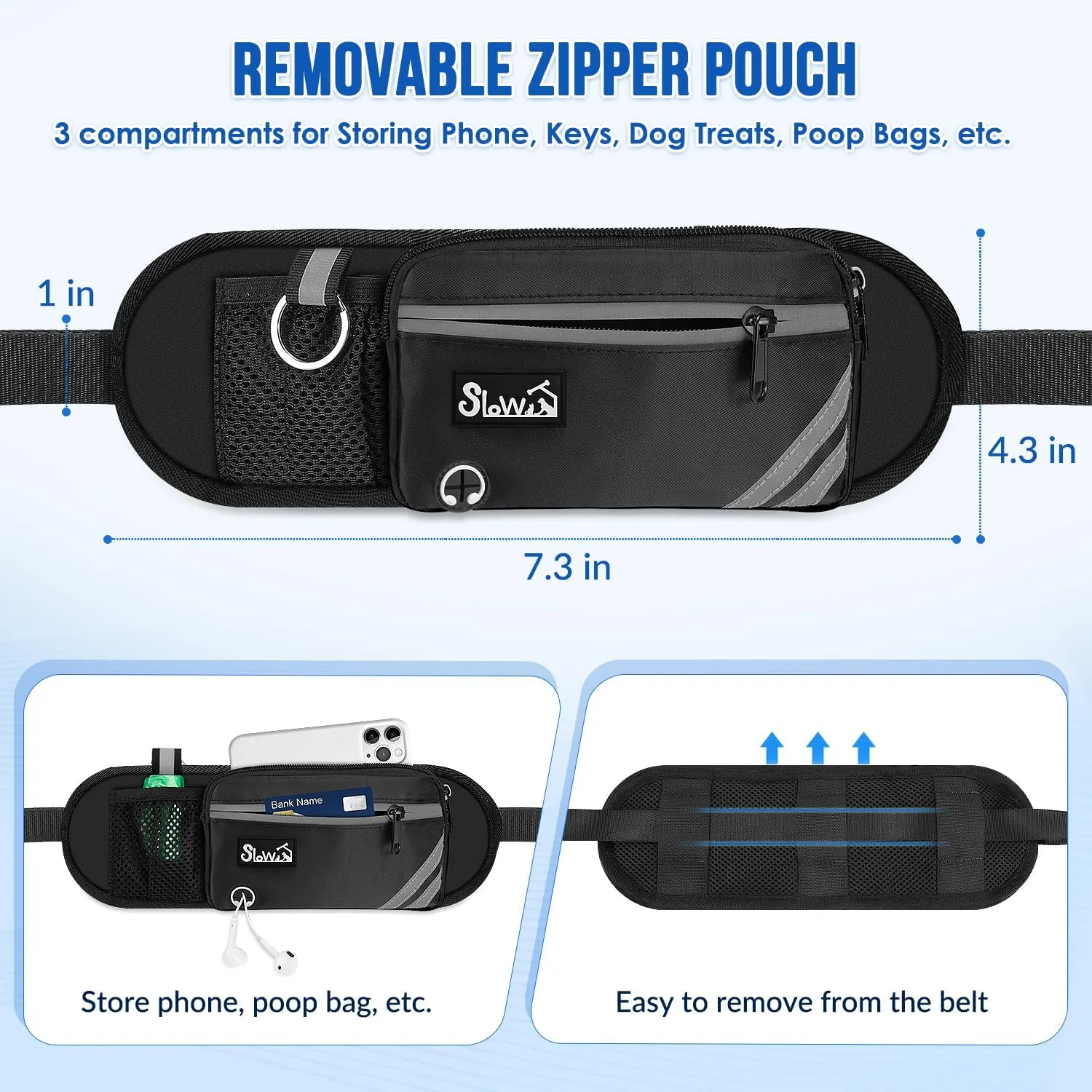 Hands Free Dog Leash with Removable Zipper Pouch, Shock Absorbing Bungee Leashes, Dual Handle and Reflective Stitches, Wide Padded Adjustable Waist Leash for Dogs Training Running Jogging