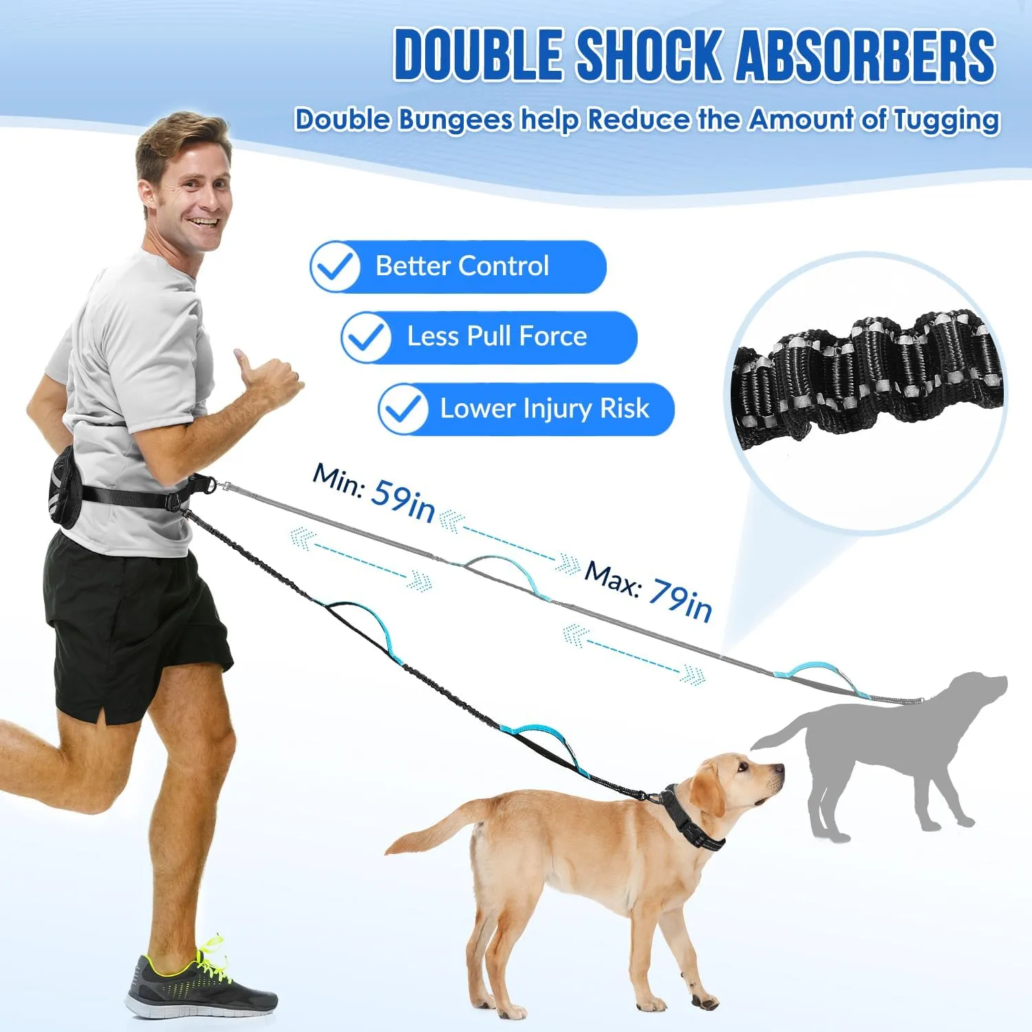Hands Free Dog Leash with Removable Zipper Pouch, Shock Absorbing Bungee Leashes, Dual Handle and Reflective Stitches, Wide Padded Adjustable Waist Leash for Dogs Training Running Jogging