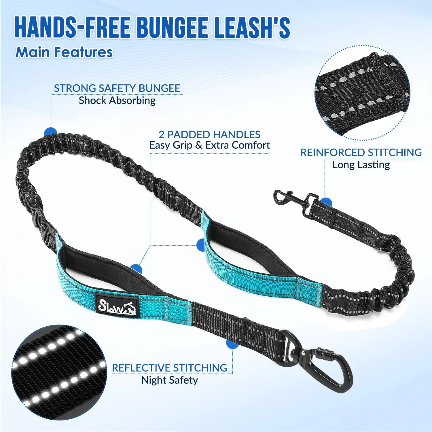 Hands Free Dog Leash with Removable Zipper Pouch, Shock Absorbing Bungee Leashes, Dual Handle and Reflective Stitches, Wide Padded Adjustable Waist Leash for Dogs Training Running Jogging