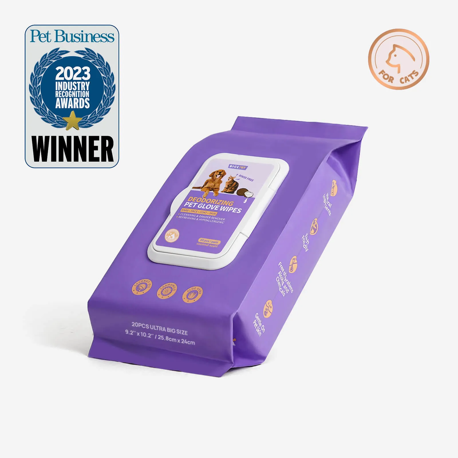 HICC Pet® Deodorizing Pet Glove Wipes For Cats, Coconut Scent, 20 Pcs