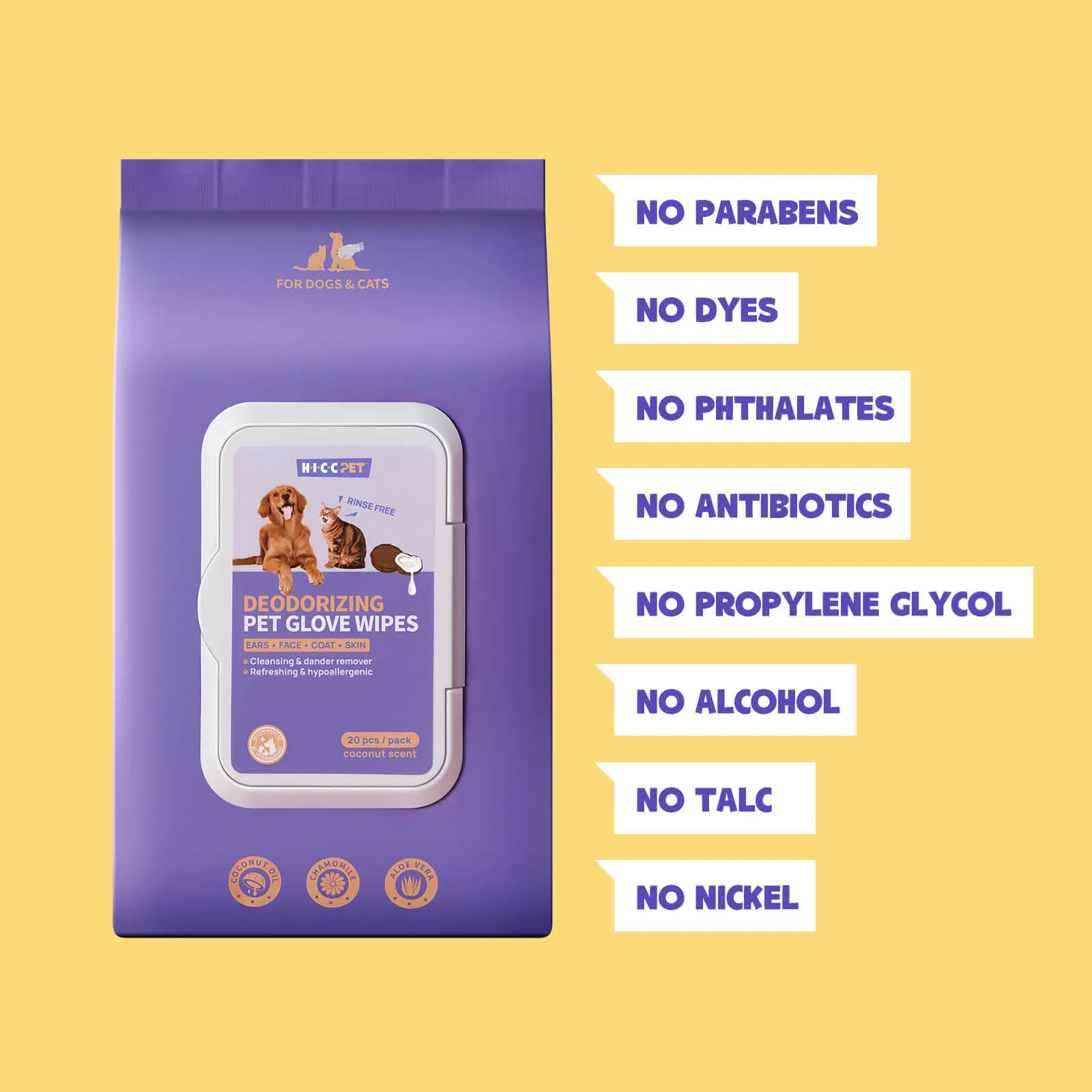 HICC Pet® Deodorizing Pet Glove Wipes For Cats, Coconut Scent, 20 Pcs