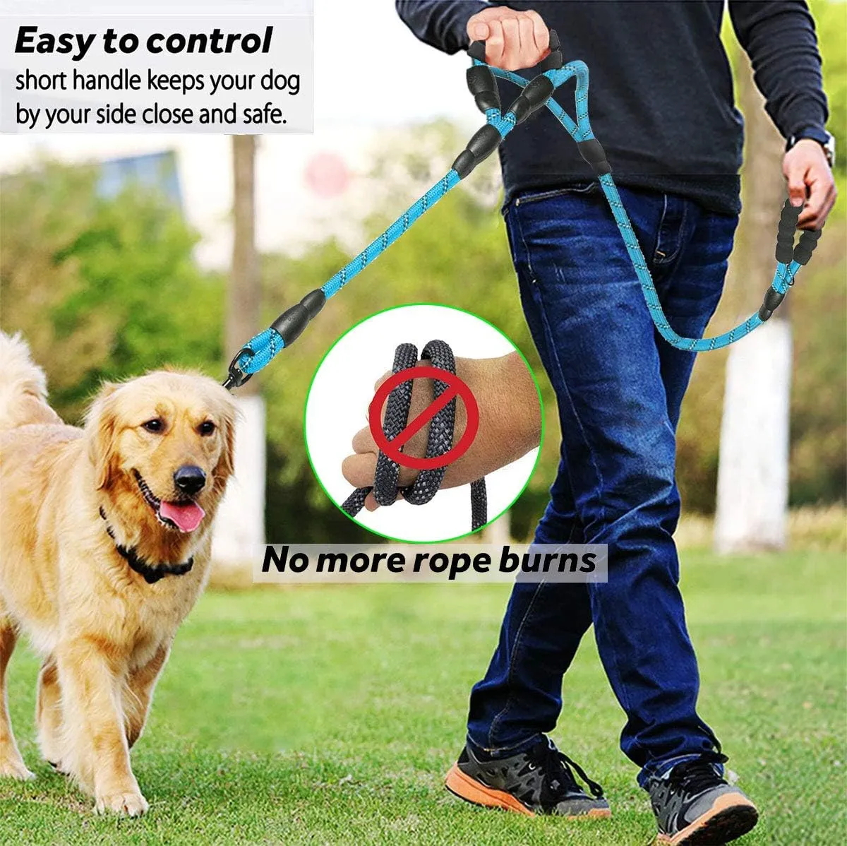 JSXD Heavy Duty Double Handle Dog Leash - 5 FT, Padded & Reflective, Rope for Small to Large Dogs (Blue)