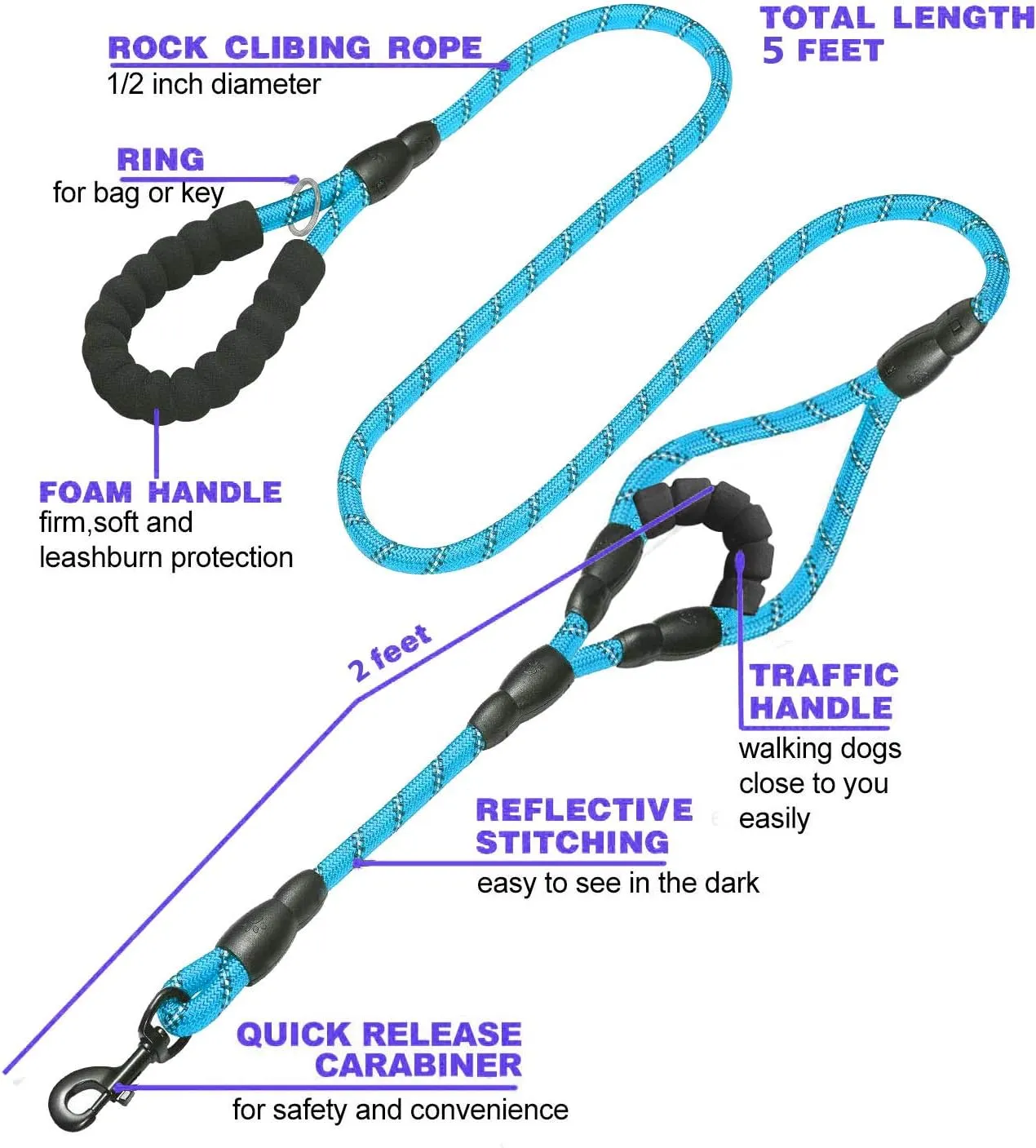 JSXD Heavy Duty Double Handle Dog Leash - 5 FT, Padded & Reflective, Rope for Small to Large Dogs (Blue)
