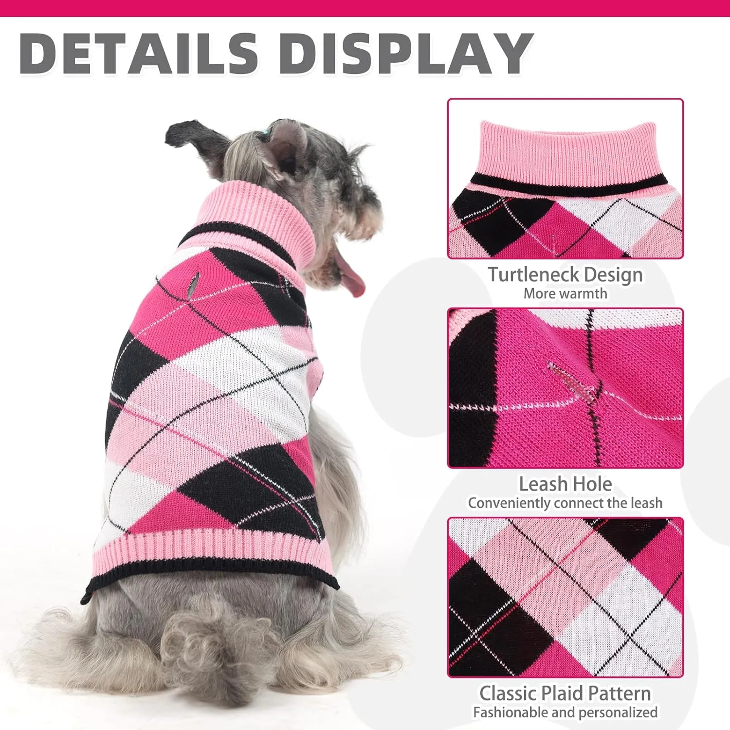 KOOLTAIL Dog Sweater for Small Dogs, Puppy Knitted Clothes - Classic Plaid Pullover Turtleneck Thick Warm Fall Cat Sweaters with Leash Hole, Dog Winter Clothes for Chihuahua Dachshund Girls Boys, XS