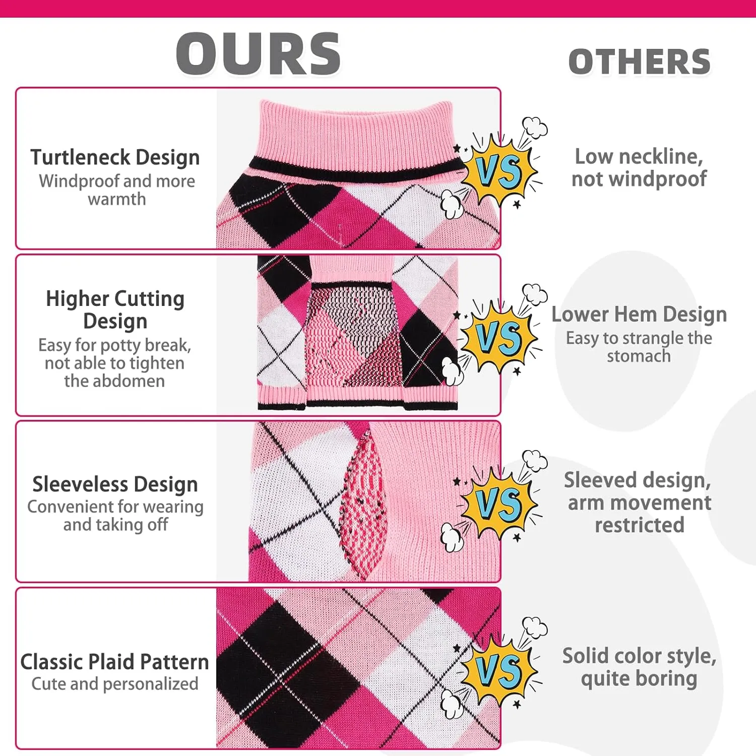 KOOLTAIL Dog Sweater for Small Dogs, Puppy Knitted Clothes - Classic Plaid Pullover Turtleneck Thick Warm Fall Cat Sweaters with Leash Hole, Dog Winter Clothes for Chihuahua Dachshund Girls Boys, XS