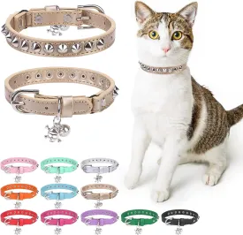 Leather Cat Collars for Boy Girl Cats with Bell and Safety Elastic Belt, Personalized Rivets Stud Adjustable Safe Buckle Collar with Skull Charm for Kitty Small Pets, Halloween Cat Collar