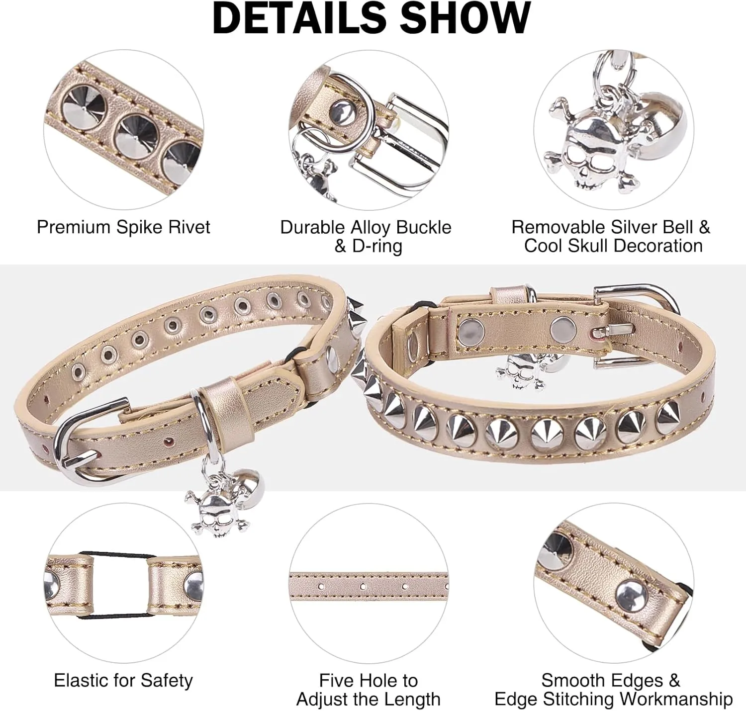 Leather Cat Collars for Boy Girl Cats with Bell and Safety Elastic Belt, Personalized Rivets Stud Adjustable Safe Buckle Collar with Skull Charm for Kitty Small Pets, Halloween Cat Collar