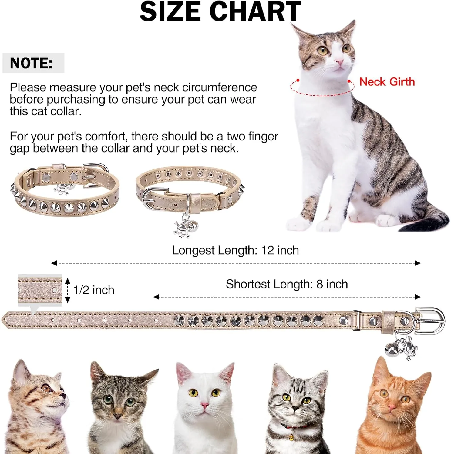 Leather Cat Collars for Boy Girl Cats with Bell and Safety Elastic Belt, Personalized Rivets Stud Adjustable Safe Buckle Collar with Skull Charm for Kitty Small Pets, Halloween Cat Collar