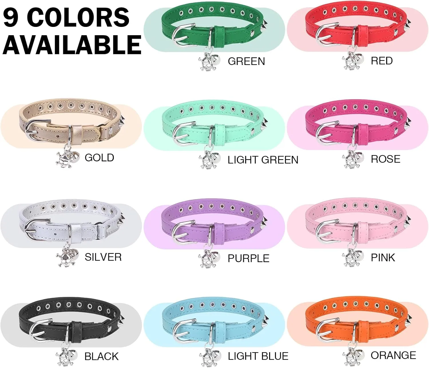 Leather Cat Collars for Boy Girl Cats with Bell and Safety Elastic Belt, Personalized Rivets Stud Adjustable Safe Buckle Collar with Skull Charm for Kitty Small Pets, Halloween Cat Collar