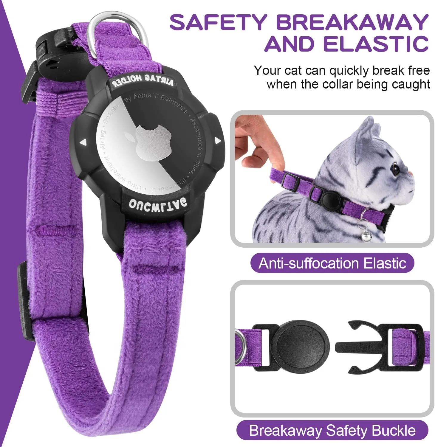 Luminous AirTag Cat Collar Breakaway, OUCWLTAG GPS Cat Collar with Apple Air Tag Holder, Cat Tracker Collars with Safety Elastic Band for Girl Boy Cats, Kittens and Puppies (Purple, 7-10 Inch)