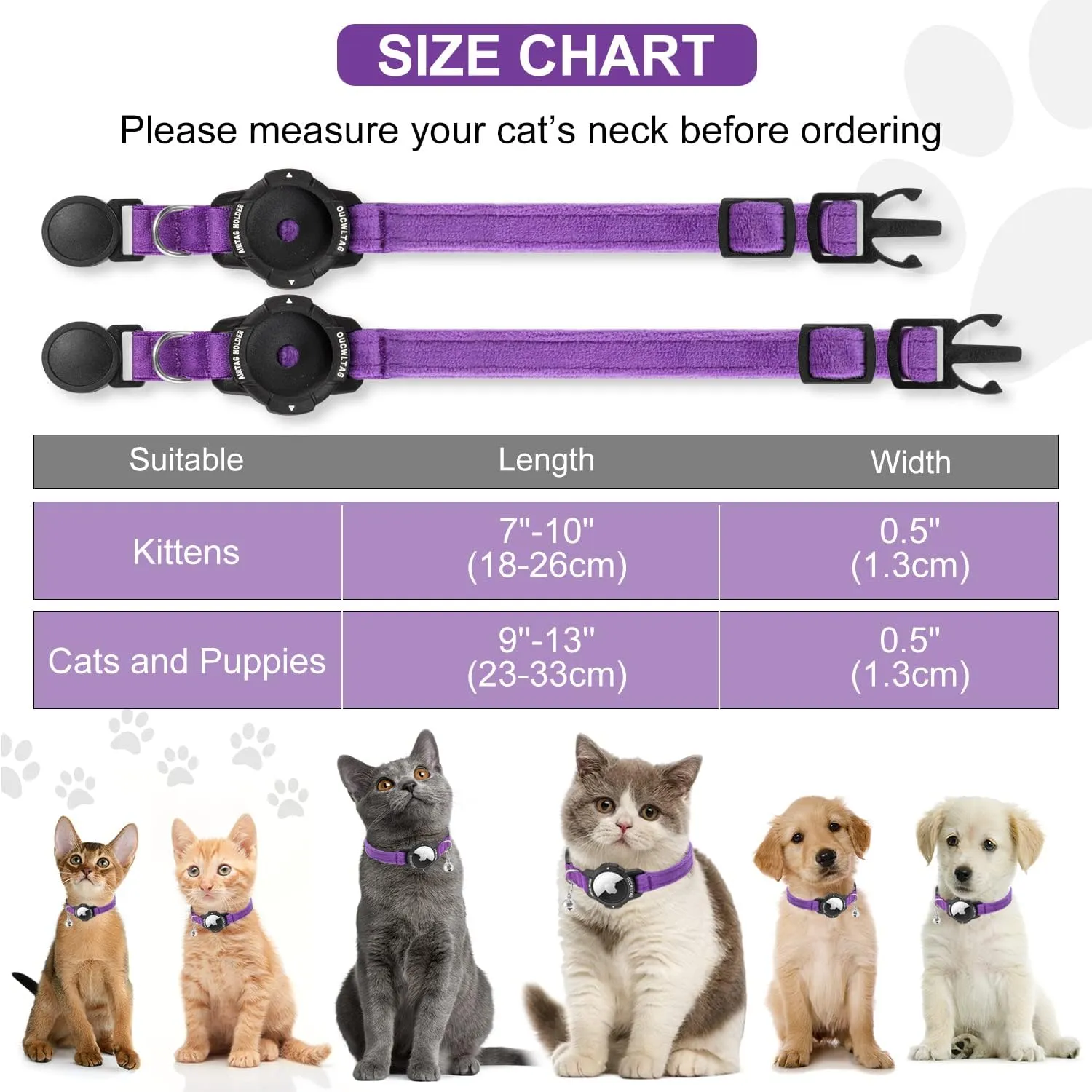 Luminous AirTag Cat Collar Breakaway, OUCWLTAG GPS Cat Collar with Apple Air Tag Holder, Cat Tracker Collars with Safety Elastic Band for Girl Boy Cats, Kittens and Puppies (Purple, 7-10 Inch)