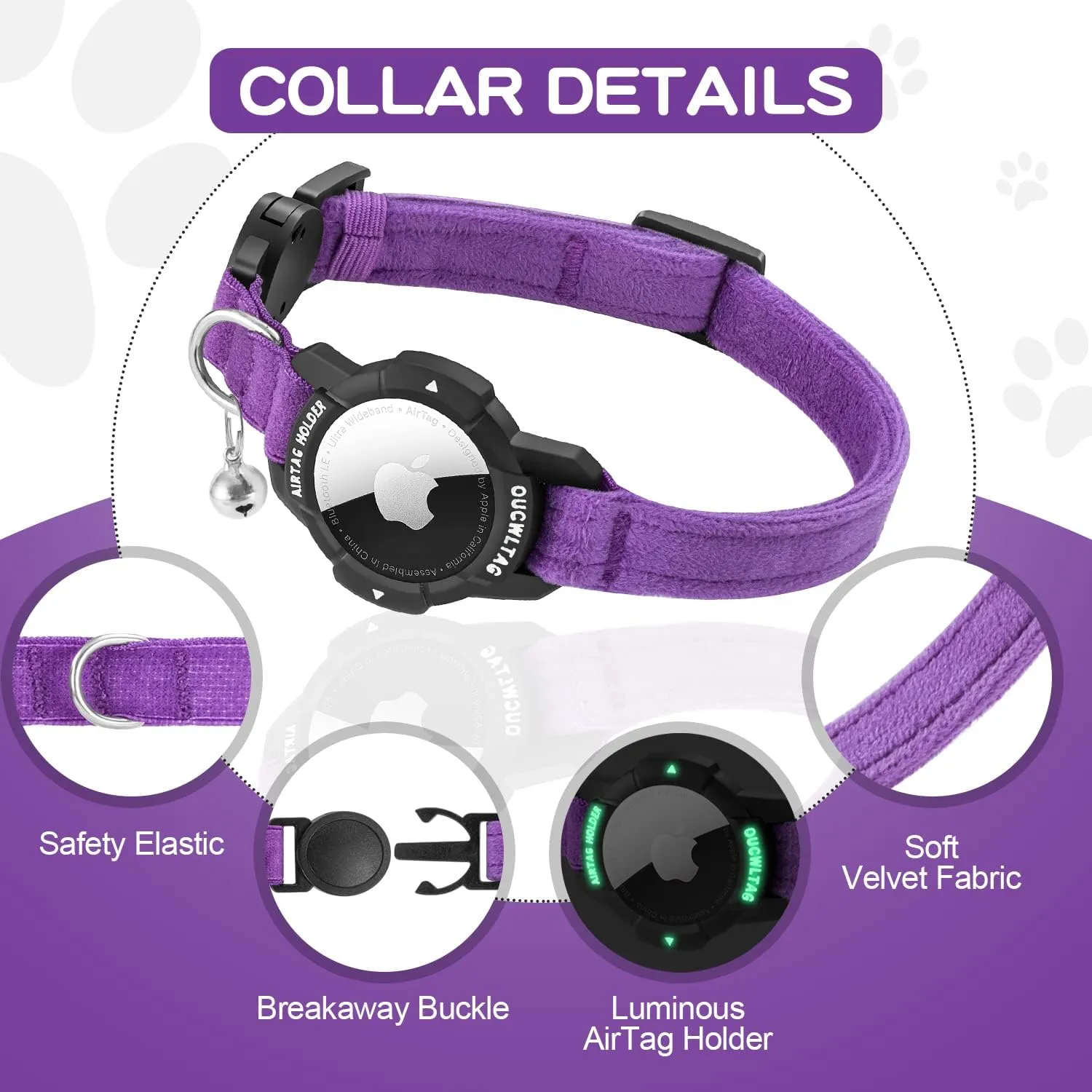 Luminous AirTag Cat Collar Breakaway, OUCWLTAG GPS Cat Collar with Apple Air Tag Holder, Cat Tracker Collars with Safety Elastic Band for Girl Boy Cats, Kittens and Puppies (Purple, 7-10 Inch)