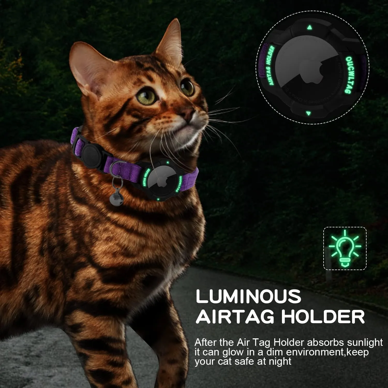 Luminous AirTag Cat Collar Breakaway, OUCWLTAG GPS Cat Collar with Apple Air Tag Holder, Cat Tracker Collars with Safety Elastic Band for Girl Boy Cats, Kittens and Puppies (Purple, 7-10 Inch)