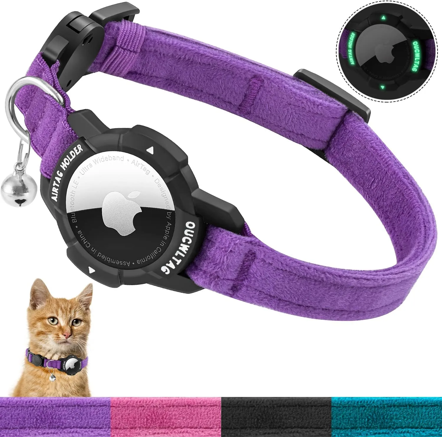 Luminous AirTag Cat Collar Breakaway, OUCWLTAG GPS Cat Collar with Apple Air Tag Holder, Cat Tracker Collars with Safety Elastic Band for Girl Boy Cats, Kittens and Puppies (Purple, 7-10 Inch)