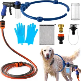 MALLMALL6 Adjustable 360 Dog Washing Hose Attachment with Pet Grooming Glove & 2 100cc Soap Dispenser, Foldable Foam Nozzle Sprayer with 4 Faucet Connectors & 8.2Ft Puppy Washer Hose for Showering