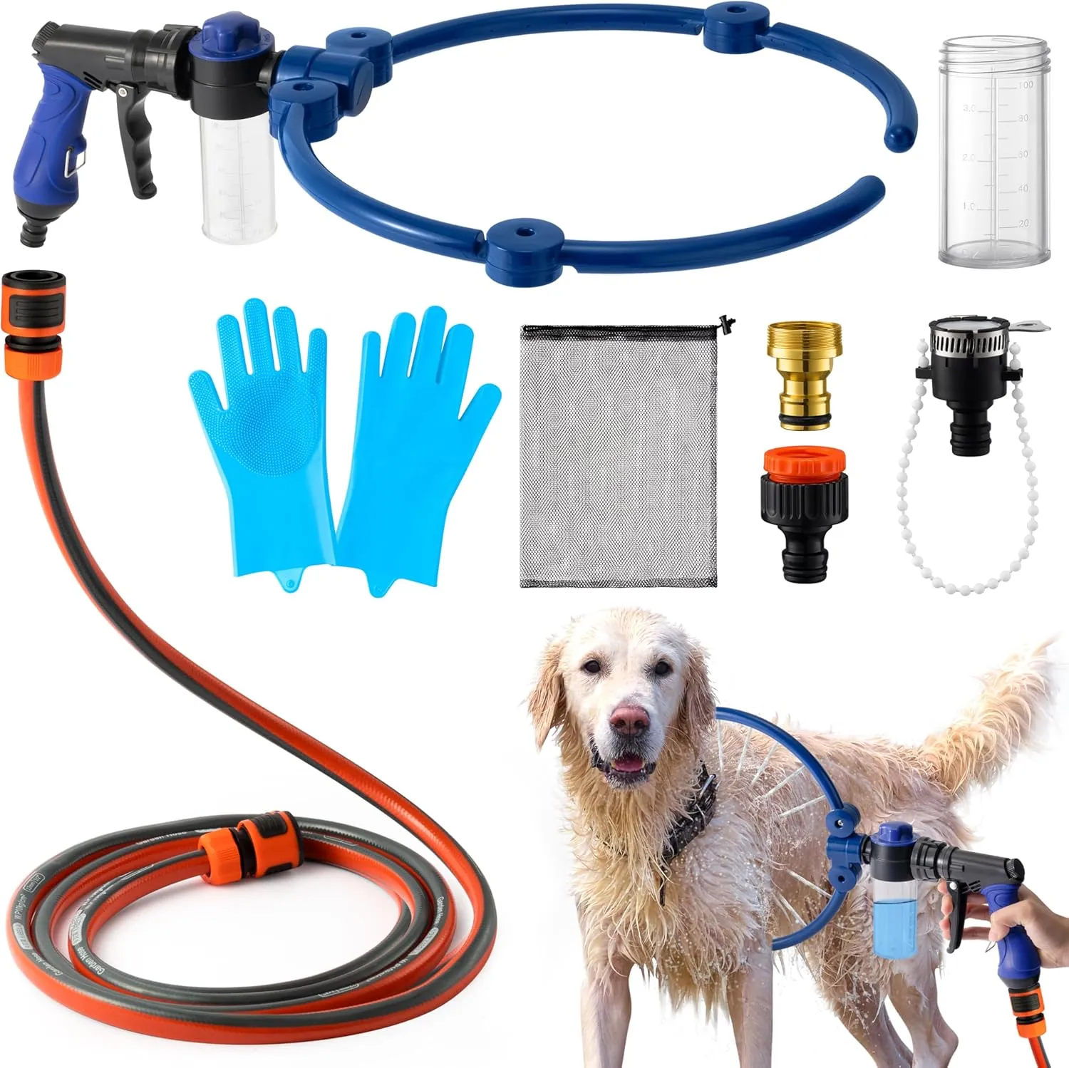 MALLMALL6 Adjustable 360 Dog Washing Hose Attachment with Pet Grooming Glove & 2 100cc Soap Dispenser, Foldable Foam Nozzle Sprayer with 4 Faucet Connectors & 8.2Ft Puppy Washer Hose for Showering