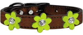 Metallic Flower Leather Collar Bronze With Metallic Lime Green Flowers Size 24