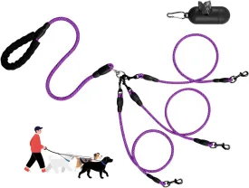 No-Tangle 3-Dog Leash - Main Lead Rope with Padded Handle, Three Detachable Leash Splitters, Heavy-Duty Clip, 4.76ft for Walking, Running, Small, Medium, Large Dogs (Purple)