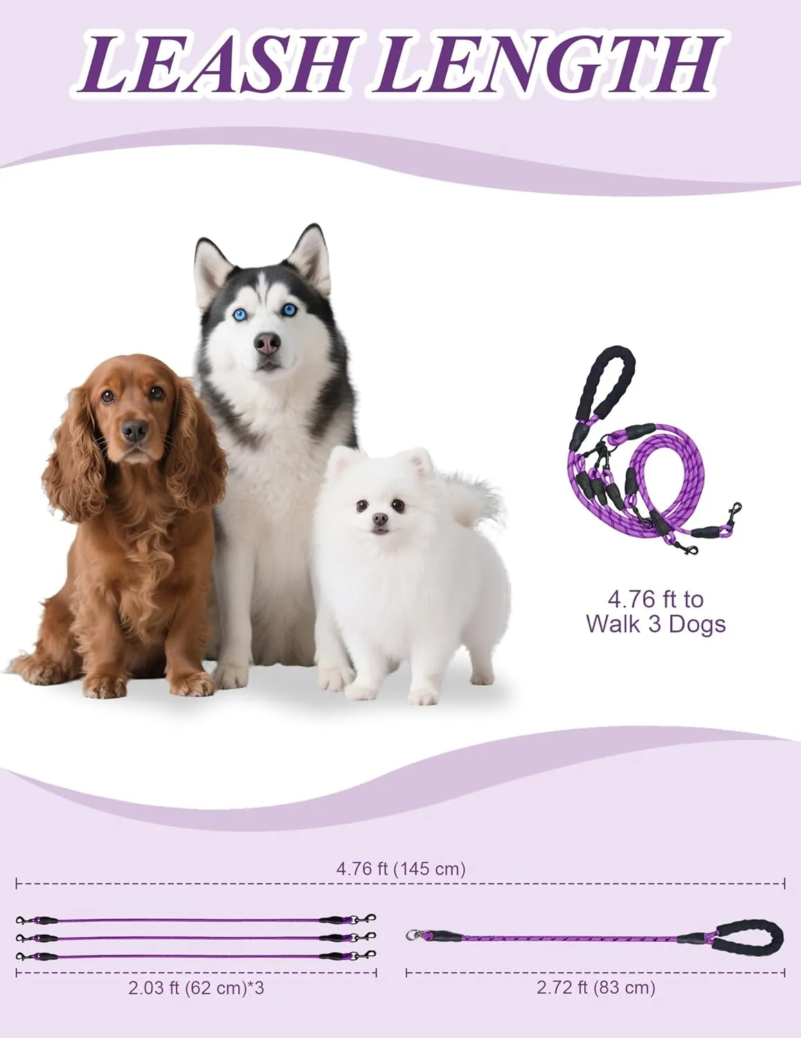 No-Tangle 3-Dog Leash - Main Lead Rope with Padded Handle, Three Detachable Leash Splitters, Heavy-Duty Clip, 4.76ft for Walking, Running, Small, Medium, Large Dogs (Purple)