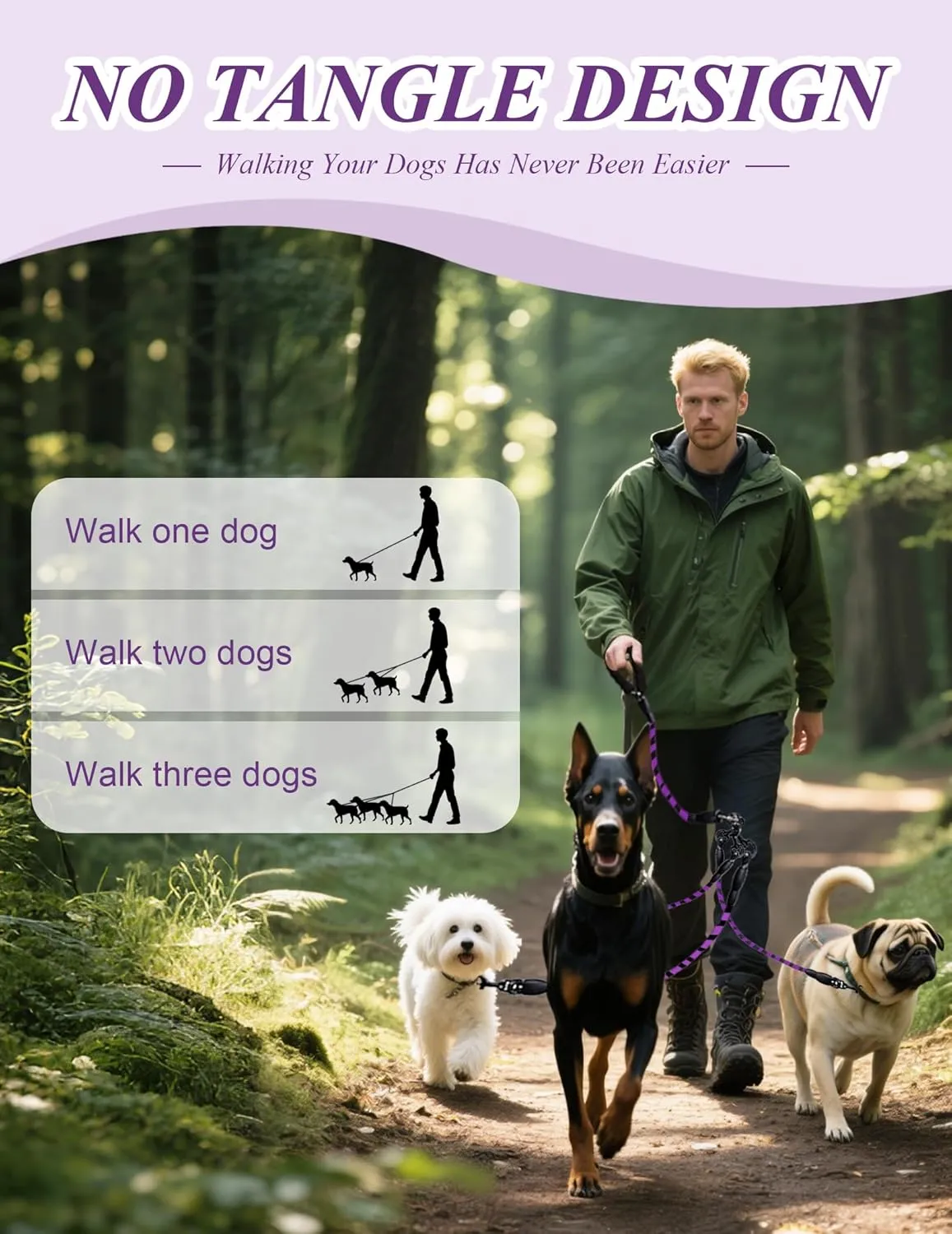 No-Tangle 3-Dog Leash - Main Lead Rope with Padded Handle, Three Detachable Leash Splitters, Heavy-Duty Clip, 4.76ft for Walking, Running, Small, Medium, Large Dogs (Purple)