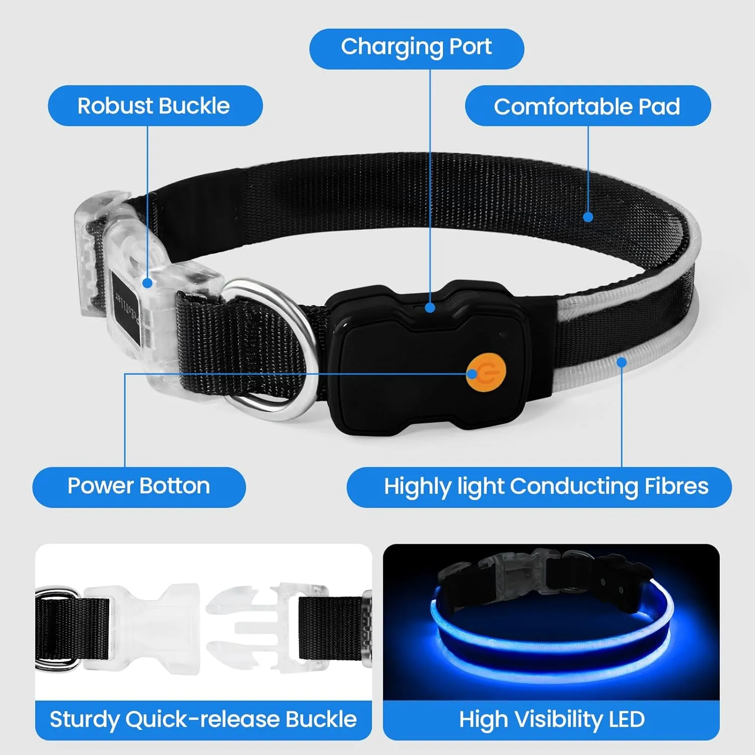 PcEoTllar Light up Dog Collars Rechargeable, LED Dog Collar Night Walking, Waterproof Flashing Glow in The Dark Dog Collars, Adjustable Dog Lights for Large Small Medium Dogs Blue-L