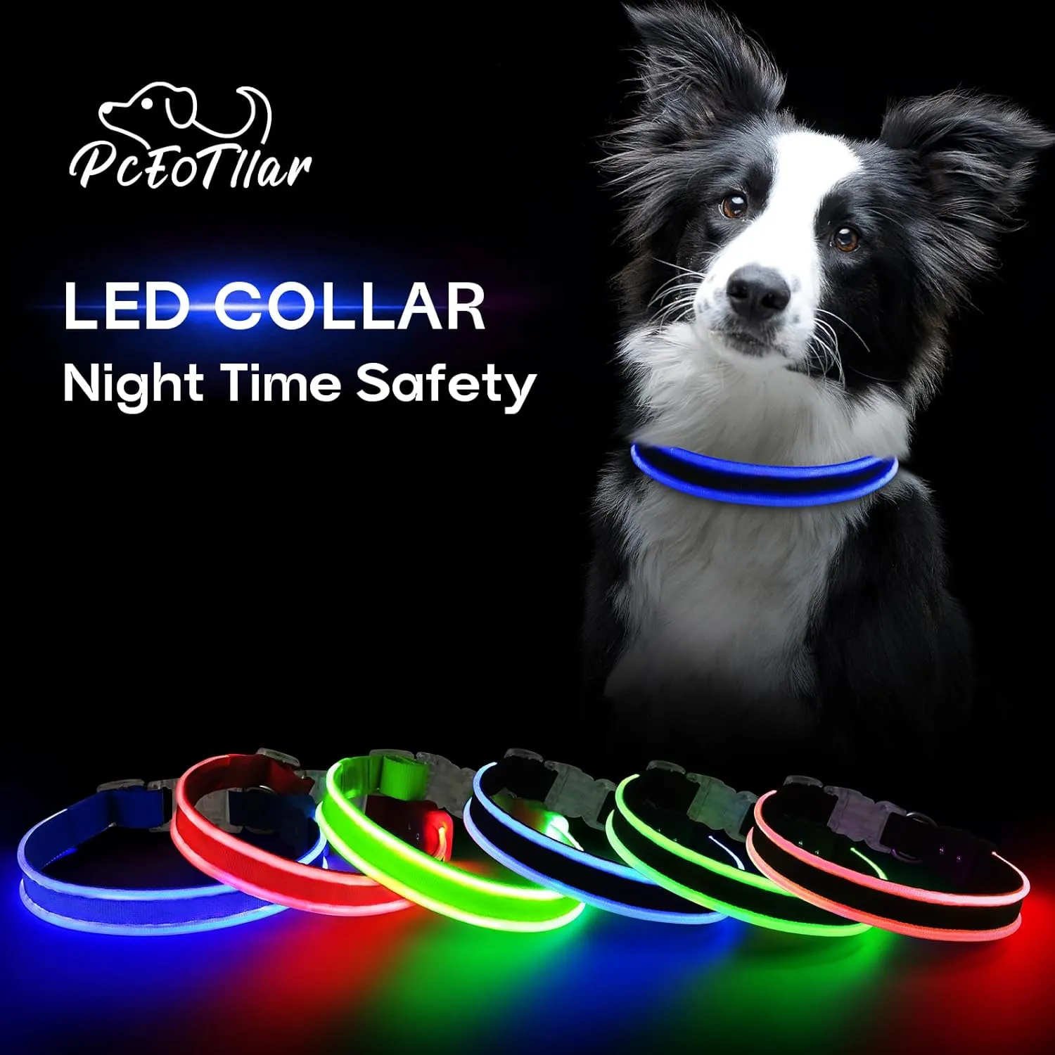 PcEoTllar Light up Dog Collars Rechargeable, LED Dog Collar Night Walking, Waterproof Flashing Glow in The Dark Dog Collars, Adjustable Dog Lights for Large Small Medium Dogs Blue-L