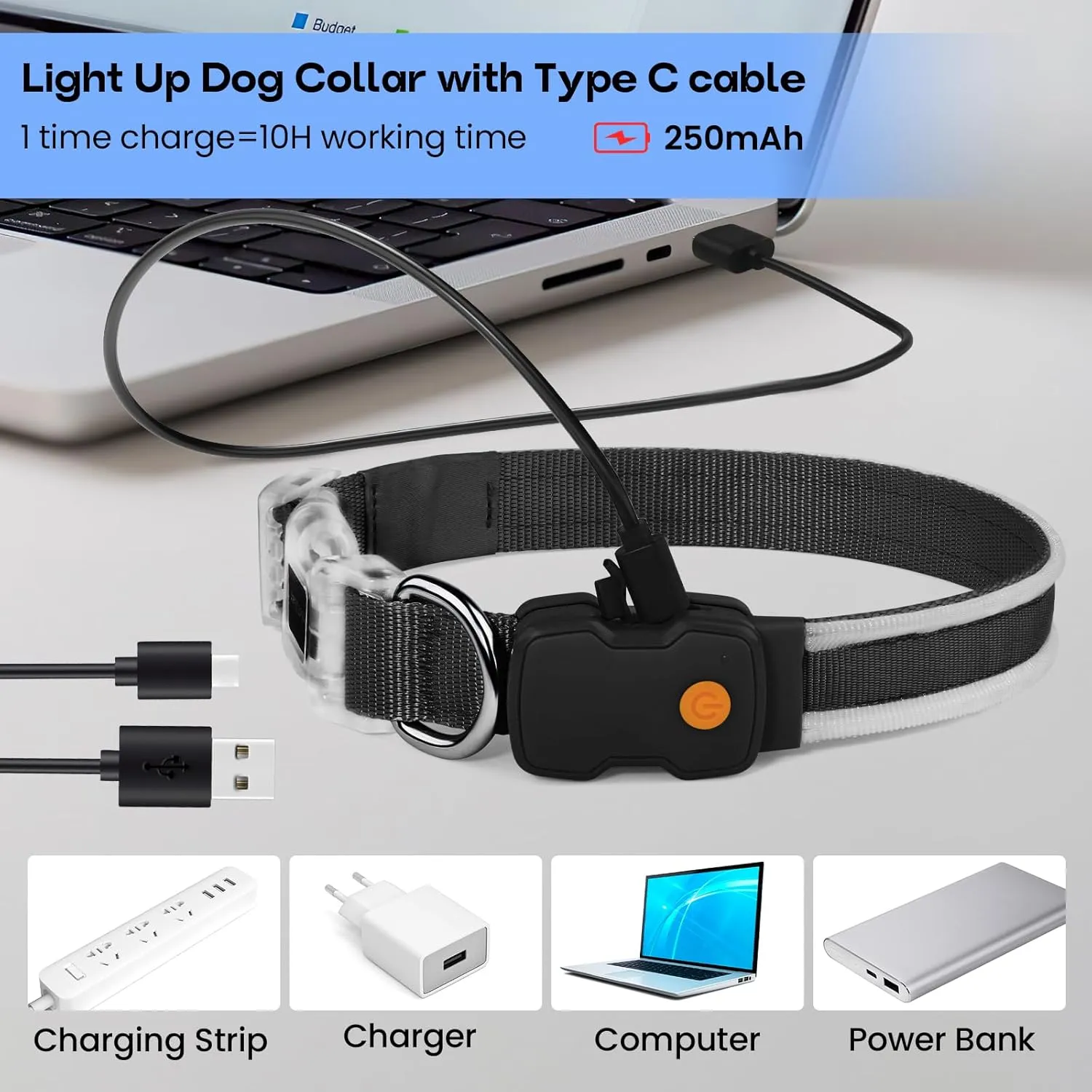 PcEoTllar Light up Dog Collars Rechargeable, LED Dog Collar Night Walking, Waterproof Flashing Glow in The Dark Dog Collars, Adjustable Dog Lights for Large Small Medium Dogs Blue-L