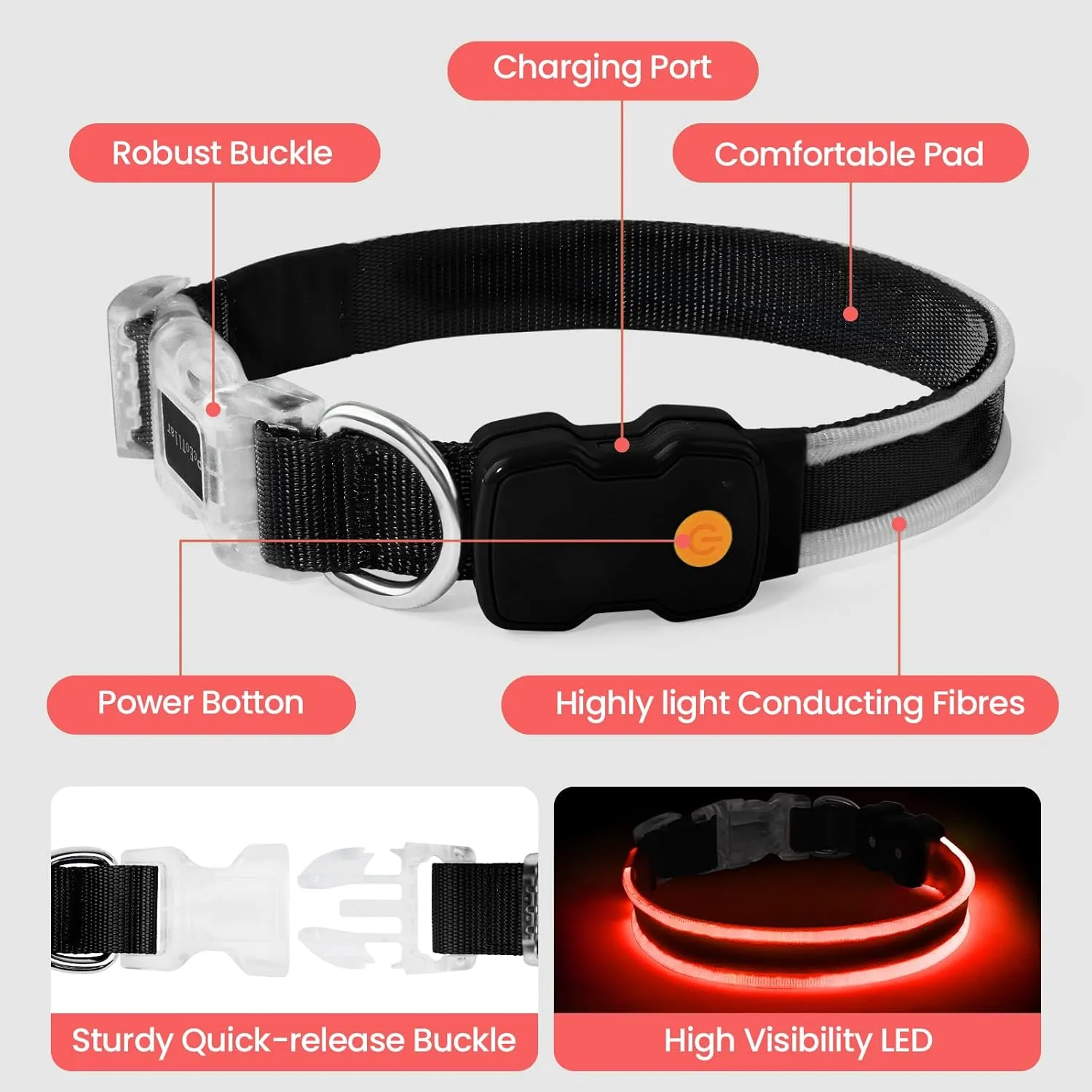 PcEoTllar Light up Dog Collars Rechargeable, LED Dog Collar Night Walking, Waterproof Flashing Glow in The Dark Dog Collars, Adjustable Dog Lights for Large Small Medium Dogs Red-m