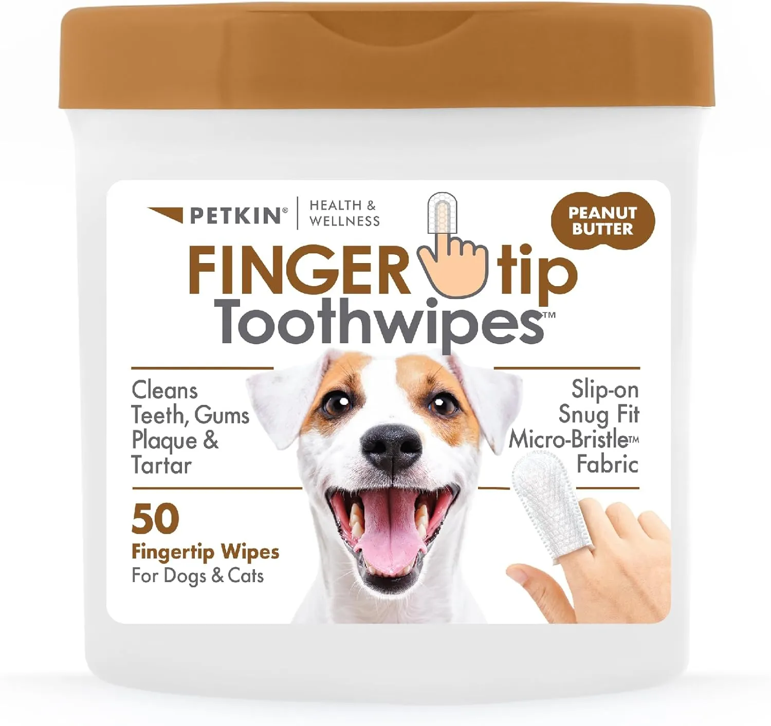 Petkin Fingertip Tooth Wipes for Dogs and Cats, 50 Finger Wipes - Slip-On, Snug Fit, Micro-Bristle Fabric - Cleans Teeth, Gums, Plaque & Tartar - Convenient, Ideal for Home and Travel - Peanut Butter