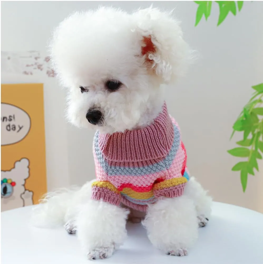 Rainbow Puppy Sweater for Small Dog Pullover Knitted Dog Sweatshirt Cable Cat Knitwear Warm Pet Clothes for Kitten Chihuahua Yorkie Toy Poodle (Rainbow, Medium)