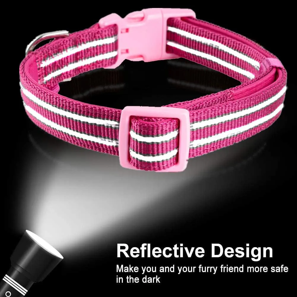 Reflective Dog Collar with Soft Padded, Classic Nylon Dog Collars with Quick Release Buckle and ID Tag Ring, Adjustable Pink Collar for Small Dogs