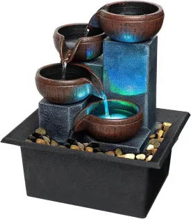 Small Indoor Relaxation Tabletop Fountain, Zen Meditation Waterfall Feature with Color LED Light & Natural Rocks, 4 Level Desk Waterfall for Home Office Bedroom Living Room Decoration (Style 1)