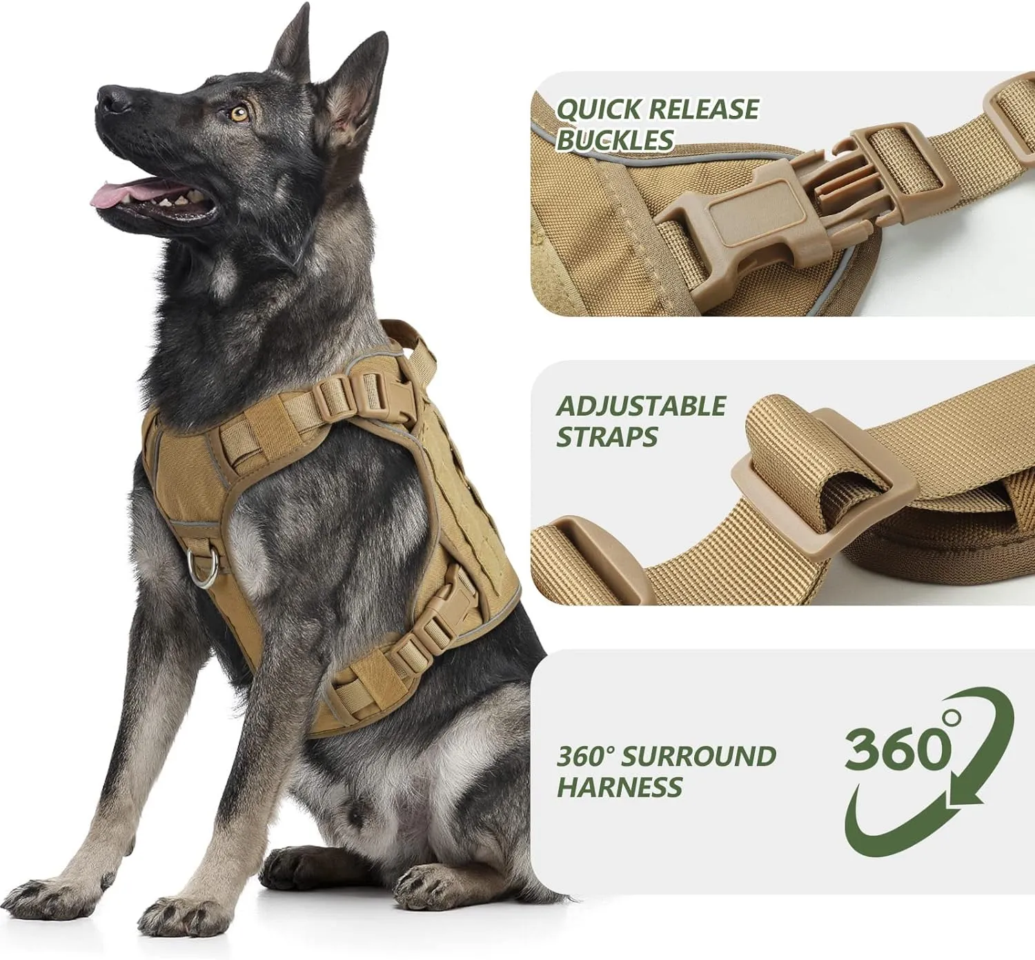 Tactical Dog Harness Vest with Handle Tactical Dog Harness for Large Dogs No Pull Adjustable Pet Harness Reflective K9 Military Service Dogs Harnesses for Walking Hiking Training (L)