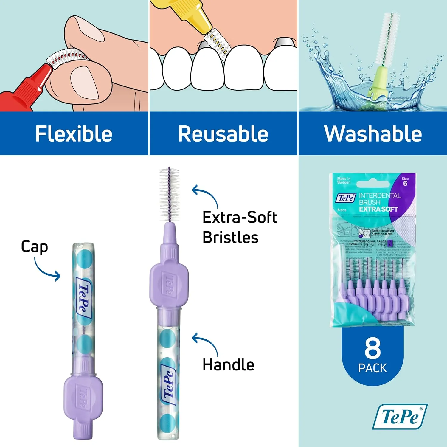 TePe Interdental Brush Extra Soft, Supersoft Dental Brush for Teeth Cleaning, Pack of 8, 1.1 mm, Large Gaps, Purple, Size 6