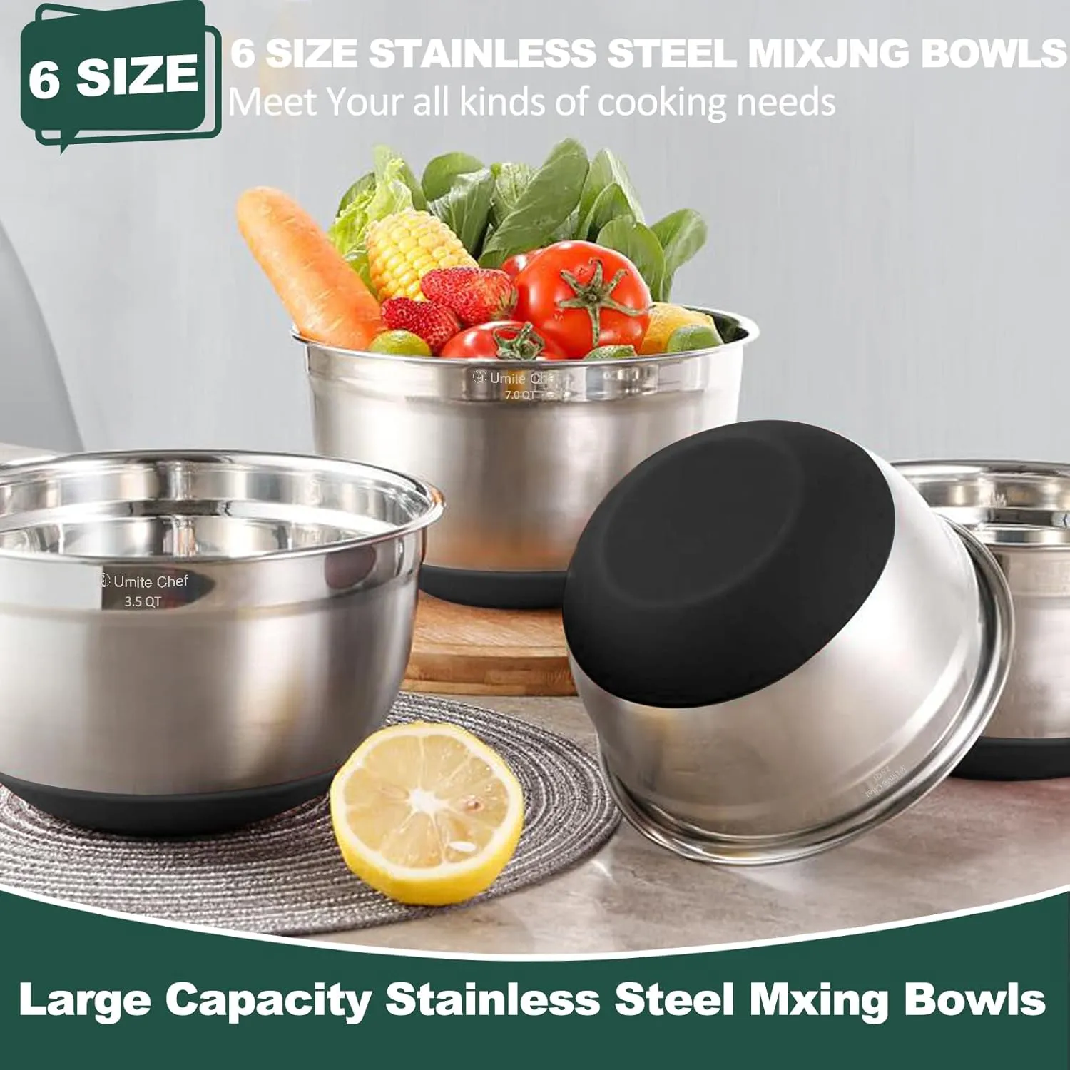 Umite Chef Mixing Bowls with Airtight Lids6 piece Stainless Steel Metal Nesting Storage Bowls, Non-Slip Bottoms Size 7, 3.5, 2.5, 2.0,1.5, 1QT, Great for Mixing & Serving(Black)