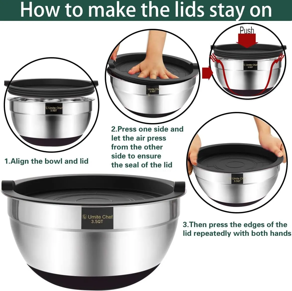 Umite Chef Mixing Bowls with Airtight Lids6 piece Stainless Steel Metal Nesting Storage Bowls, Non-Slip Bottoms Size 7, 3.5, 2.5, 2.0,1.5, 1QT, Great for Mixing & Serving(Black)