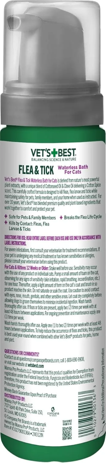 Vet's Best Flea & Tick Waterless Bath for Cats  Cat Waterless Bath  Kills Fleas & Tick  Natural Flea and Tick Prevention  Kills Fleas on Contact  8oz
