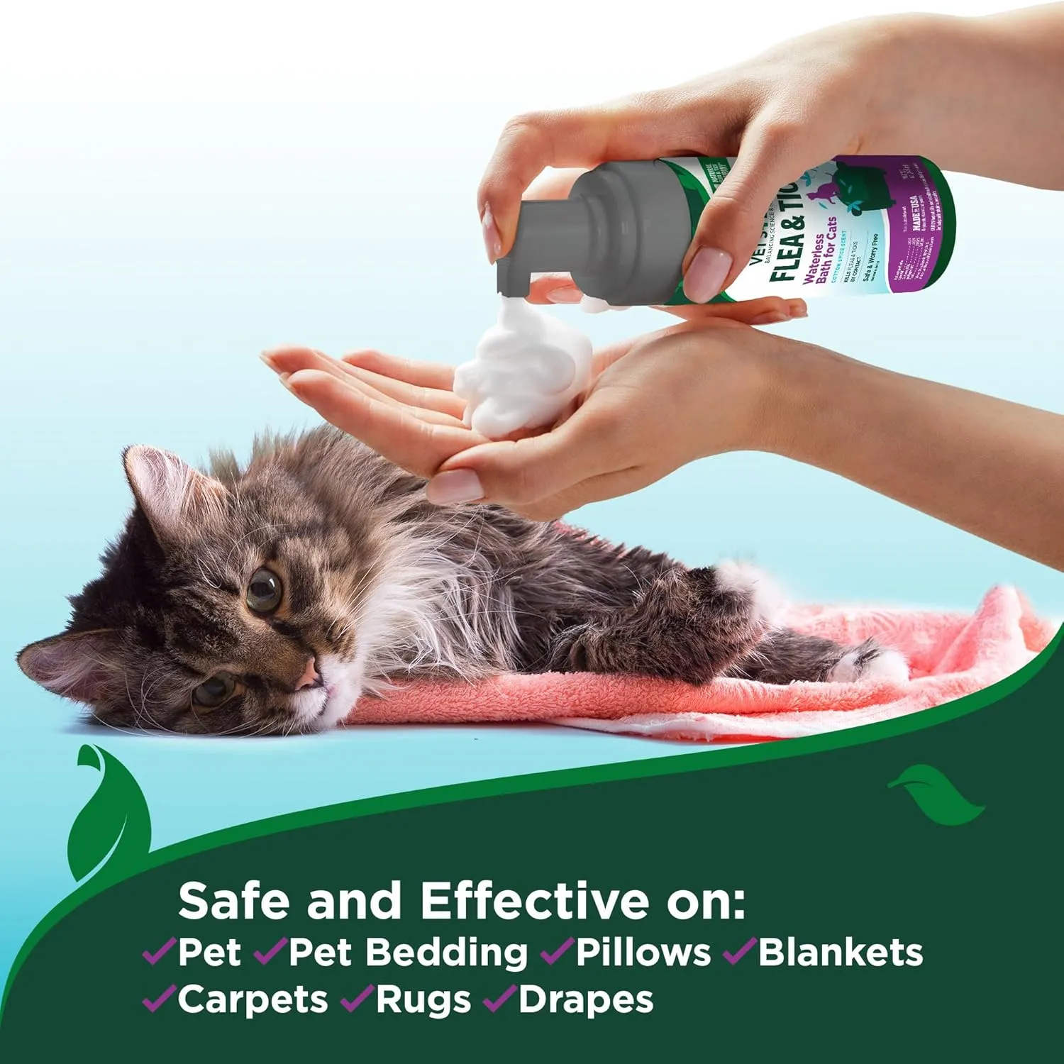 Vet's Best Flea & Tick Waterless Bath for Cats  Cat Waterless Bath  Kills Fleas & Tick  Natural Flea and Tick Prevention  Kills Fleas on Contact  8oz