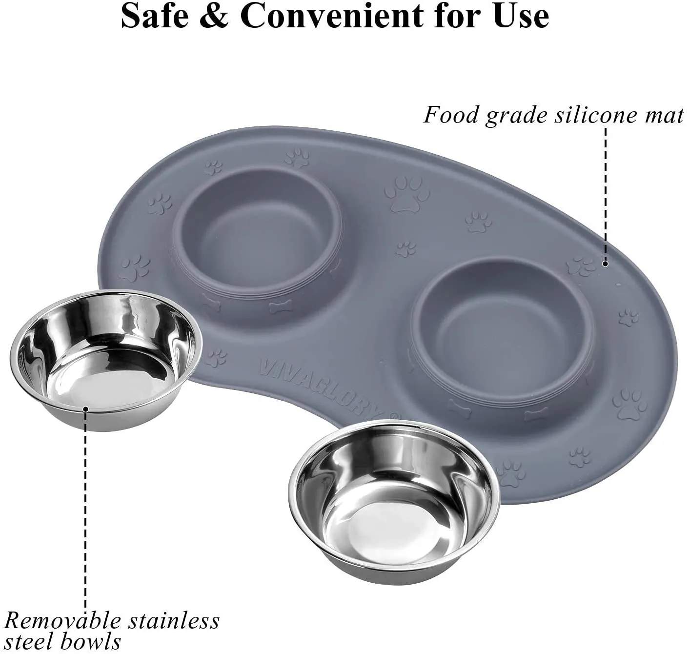 Vivaglory Dog Bowls Set with Double Stainless Steel Feeder Bowls and Wider Non Skid Spill Proof Silicone Mat for Cats Puppies Dogs