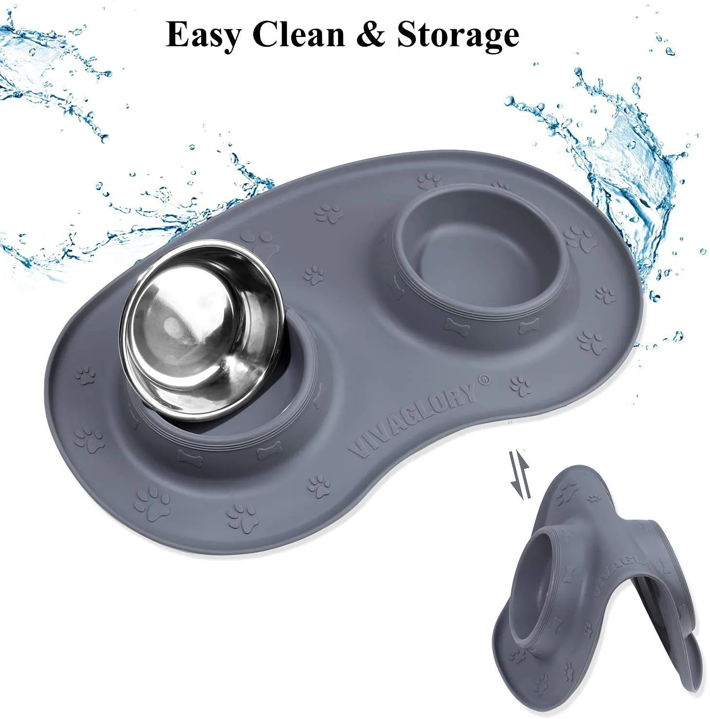 Vivaglory Dog Bowls Set with Double Stainless Steel Feeder Bowls and Wider Non Skid Spill Proof Silicone Mat for Cats Puppies Dogs