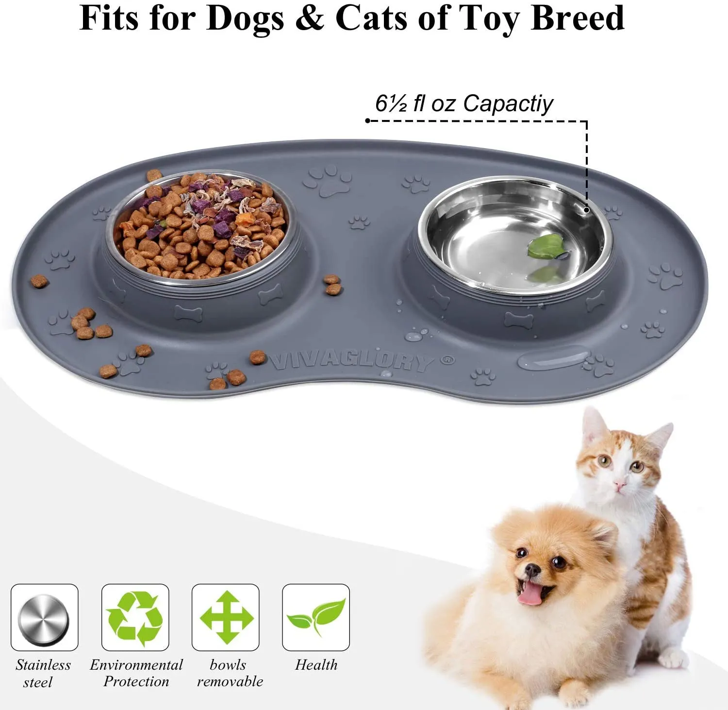 Vivaglory Dog Bowls Set with Double Stainless Steel Feeder Bowls and Wider Non Skid Spill Proof Silicone Mat for Cats Puppies Dogs
