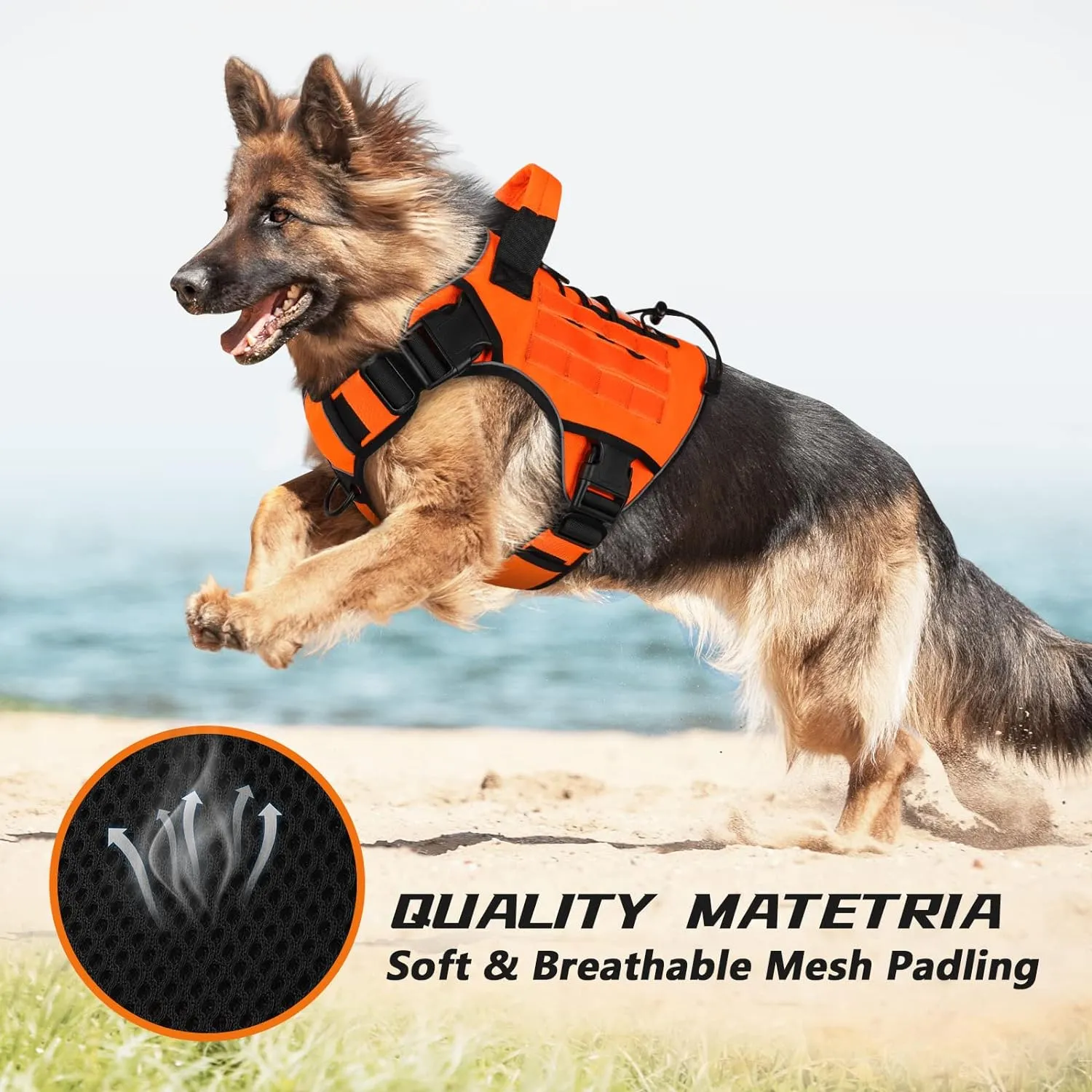 WINGOIN Orange Tactical Dog Harness Vest for Large Dogs No Pull Adjustable Reflective K9 Military Dog Service Harnesses with Handle for Walking, Hiking, Training(L)