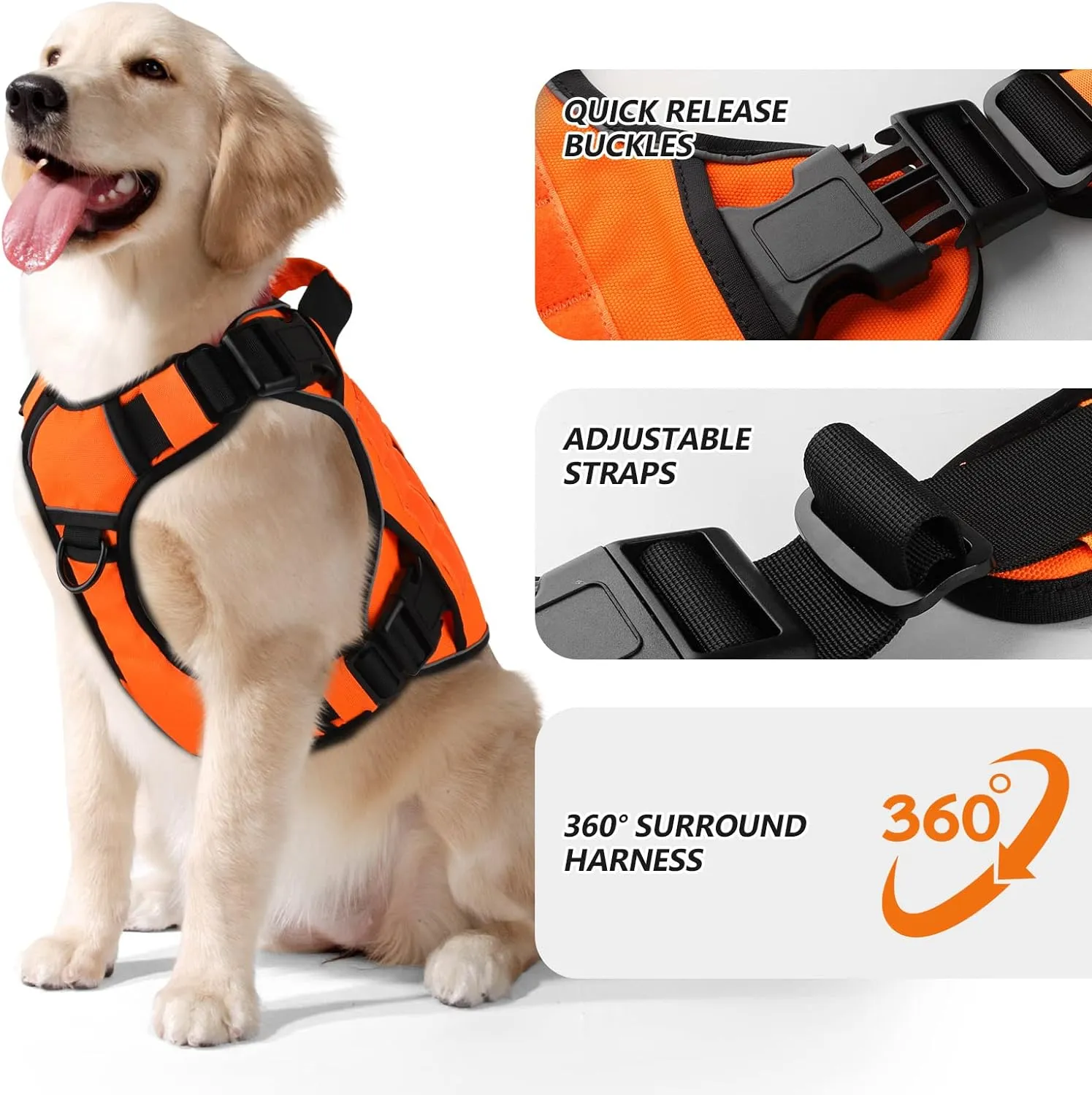 WINGOIN Orange Tactical Dog Harness Vest for Large Dogs No Pull Adjustable Reflective K9 Military Dog Service Harnesses with Handle for Walking, Hiking, Training(L)