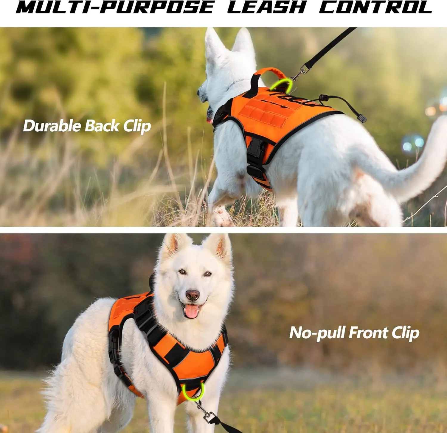 WINGOIN Orange Tactical Dog Harness Vest for Large Dogs No Pull Adjustable Reflective K9 Military Dog Service Harnesses with Handle for Walking, Hiking, Training(L)