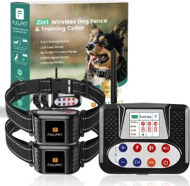 Wireless Dog Fence for 2 Dogs, 2-in-1 Electric Fence for Dogs, Wireless Dog Fence System with Big LCD Screen Remote, Electric Dog Fence Collar Adjustable & Waterproof, Wireless Fence for All Dogs