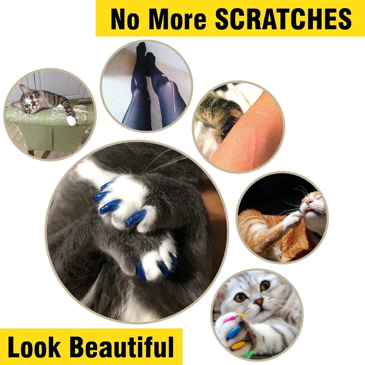 zetpo 100 pcs Cat Nail Caps | Cat Claw Covers | with Adhesives and Applicators (M, Purple, Violet, Blue, Sky Blue, Turquoise)