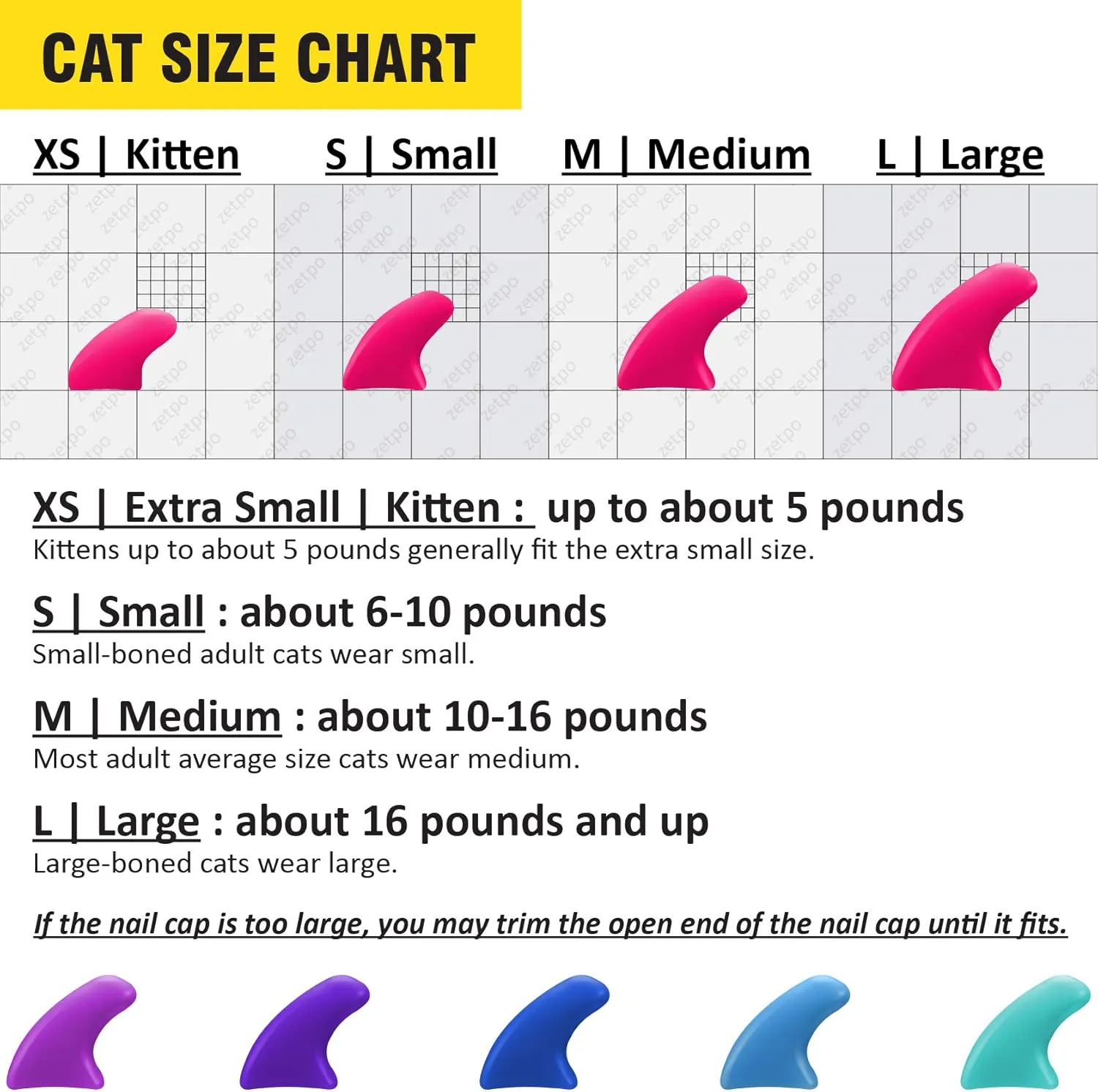zetpo 100 pcs Cat Nail Caps | Cat Claw Covers | with Adhesives and Applicators (M, Purple, Violet, Blue, Sky Blue, Turquoise)